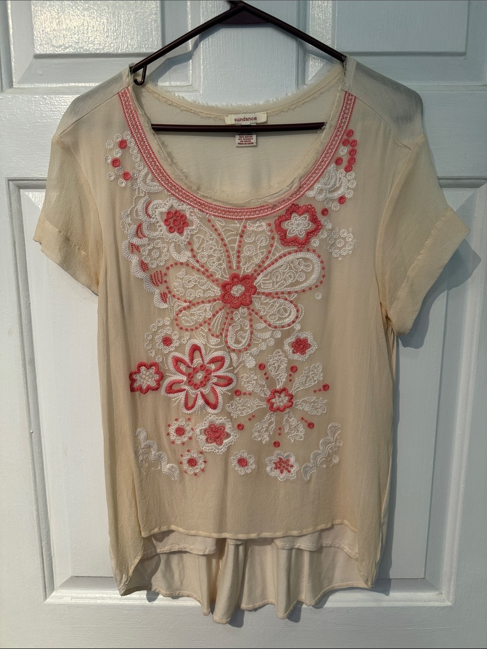 Sundance Cream Short-Sleeve Scoop Neck Top with Pink & White Floral Embroidery
